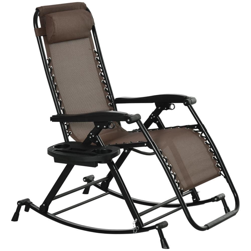 Outsunny Black Metal Outdoor Recliner Lounge Chair Patio Folding Rocker with Side Tray Slot Backrest Pillow Cup Phone Holder 84B-080BN