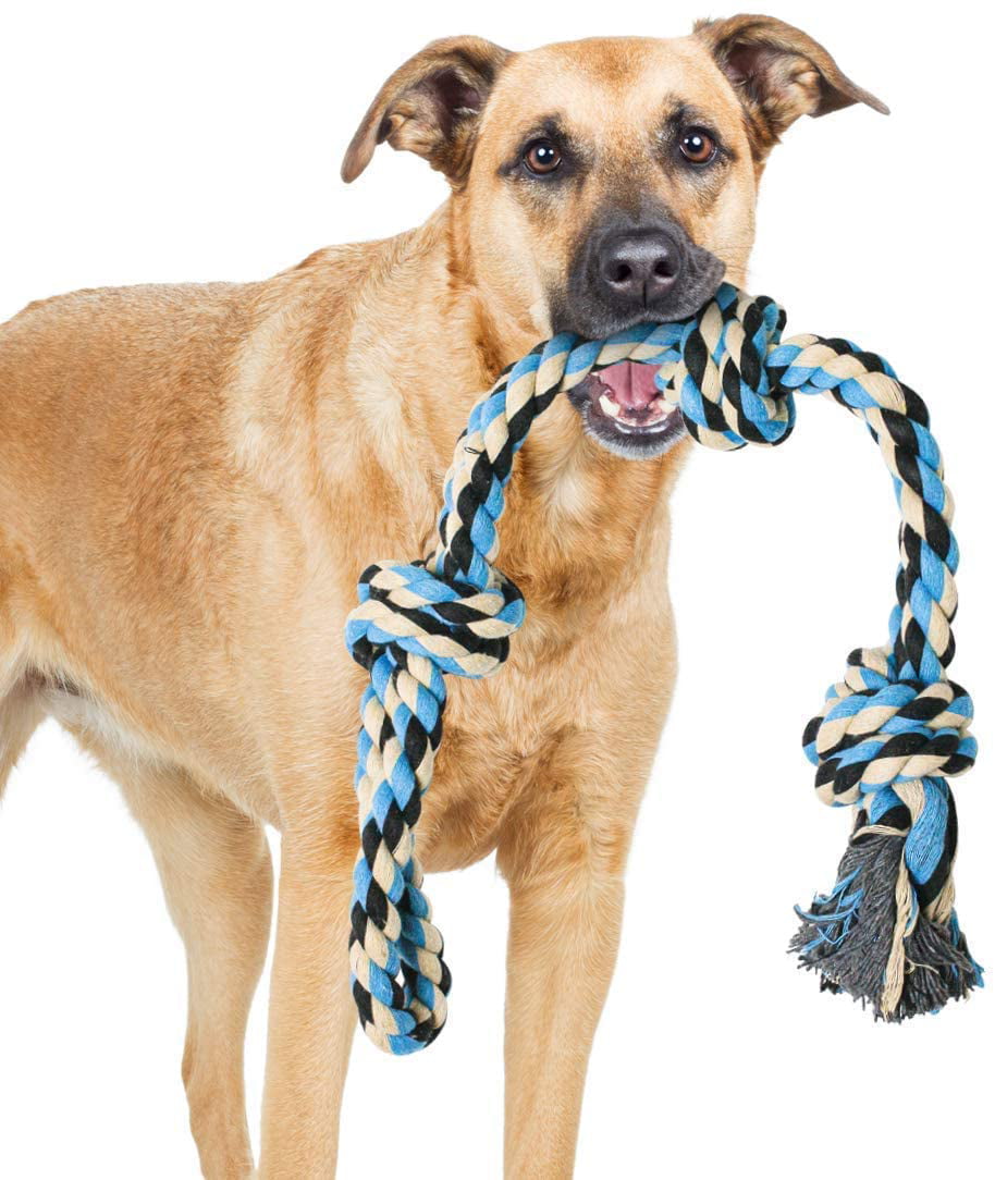 Pacific Pups Products Interactive Dog Toys， Blue， Tough Twisted Rope Toy with 3 Knots