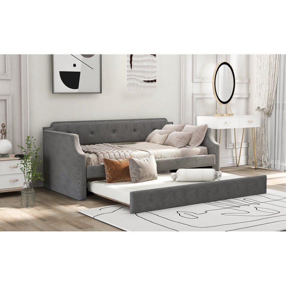 Twin Size Upholstered Daybed with Trundle  Sofa Bedframe with Wood Slat Support  for Livingroom Bedroom  No Box Spring Required