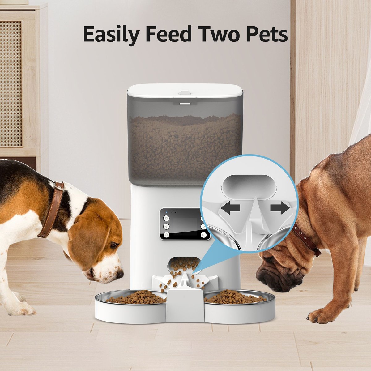 Bueteka Automatic Food Dispenser with Splitter and Stainless Bowls Cat and Dog Feeder， 6-lit