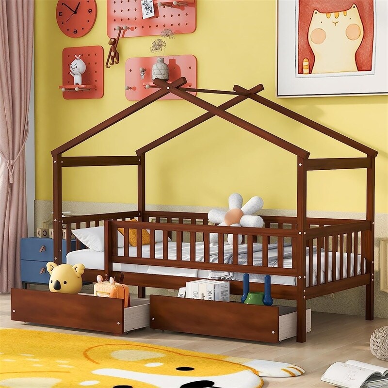 Twin House Bed with 2 Storage Drawers Rails and Roof for Kids