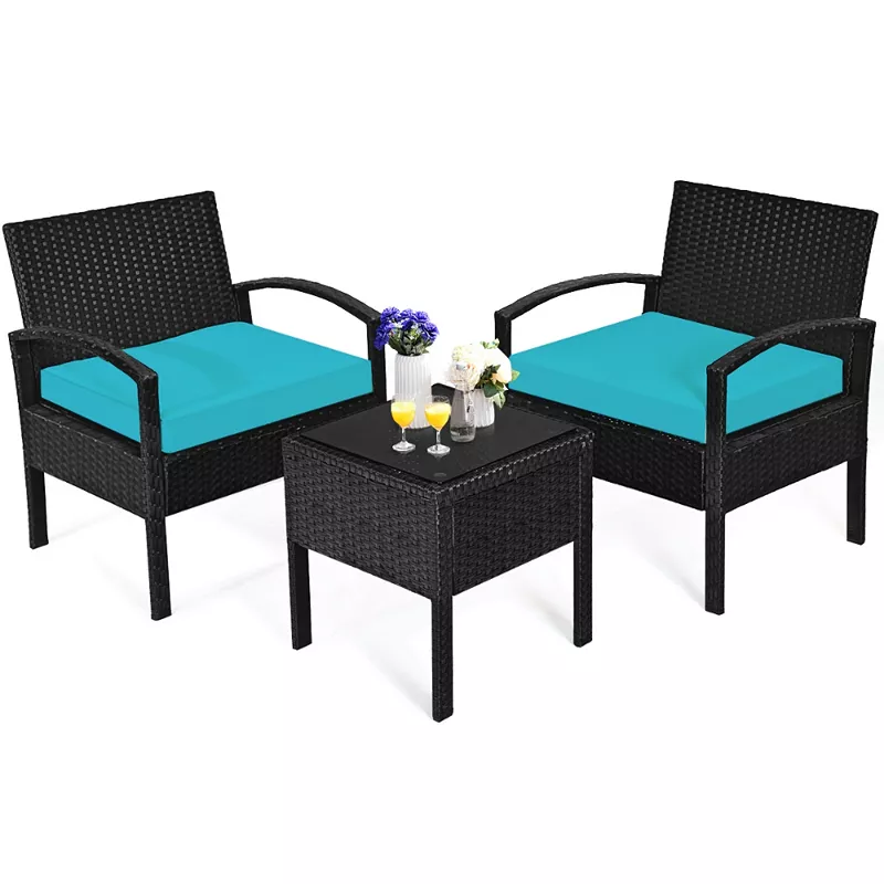 3 Pieces Outdoor Rattan Patio Conversation Set with Seat Cushions