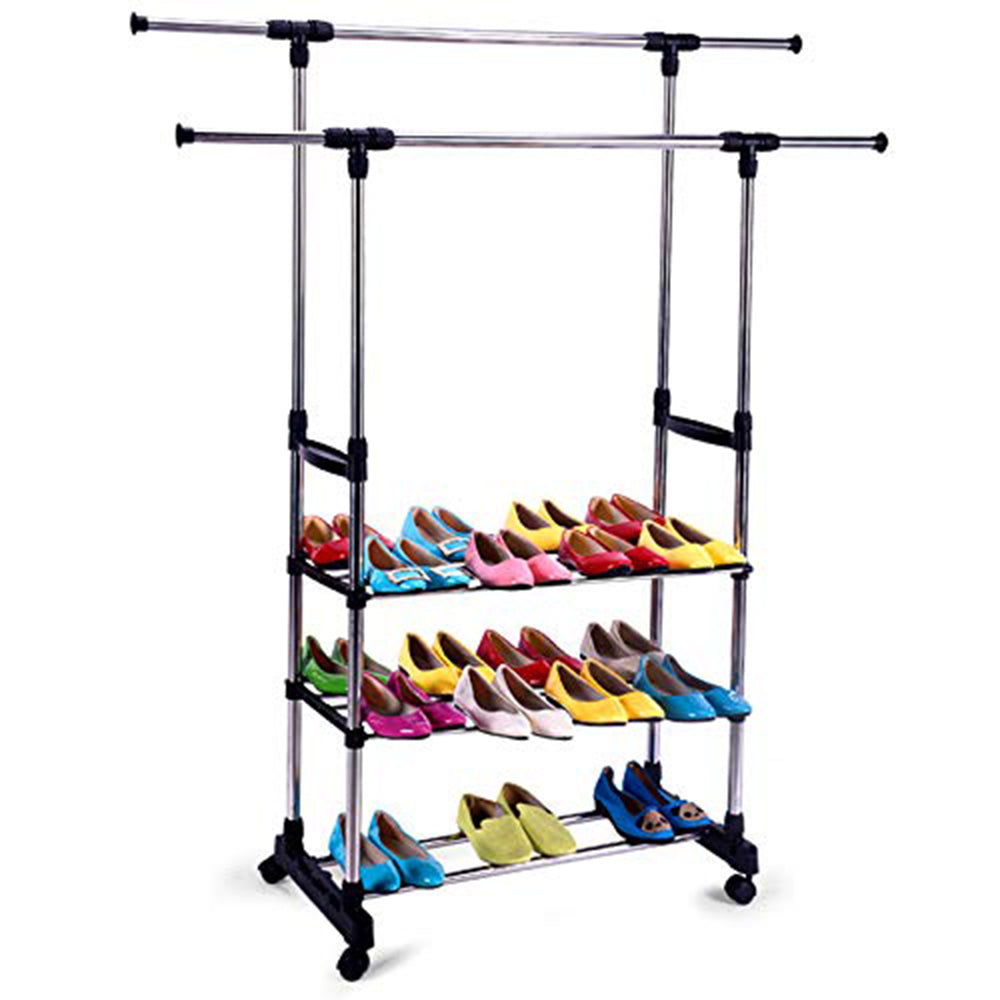 Ktaxon Clothing Garment Rack Adjustable Height Double Hanging Rail with 3-Tier Shelves