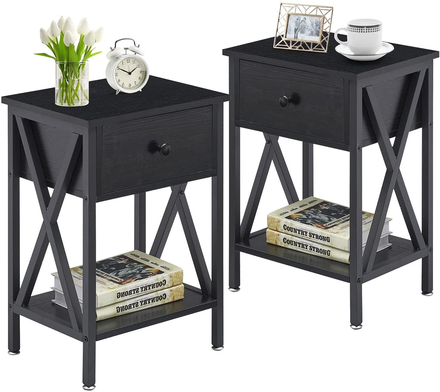 VECELO Set of 2 Nightstand with Drawer and Open Storage Shelves, Bedside End Table for Bedroom Living Room, Black