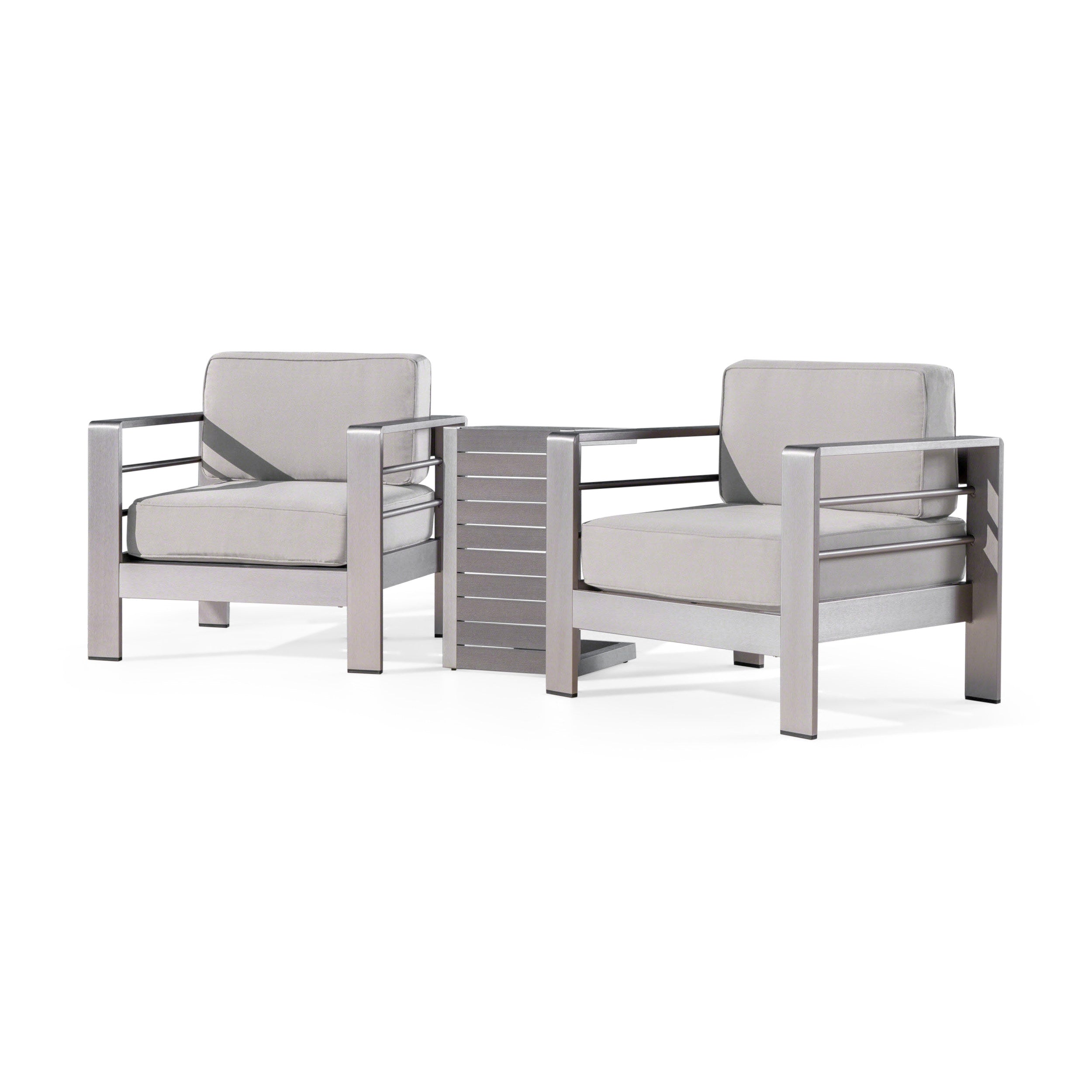 Zona Outdoor Aluminum Club Chairs and Faux Wood Side Table Set with Cushions