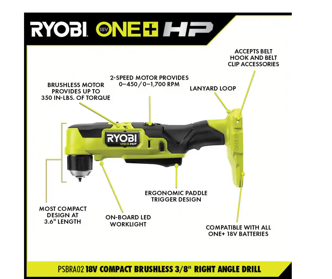 RYOBI PSBID01K-PSBRA02B ONE+ HP 18V Brushless Cordless Compact 1/4 in. Impact Driver and 3/8 in. Right Angle Drill with (2) Batteries， Charger