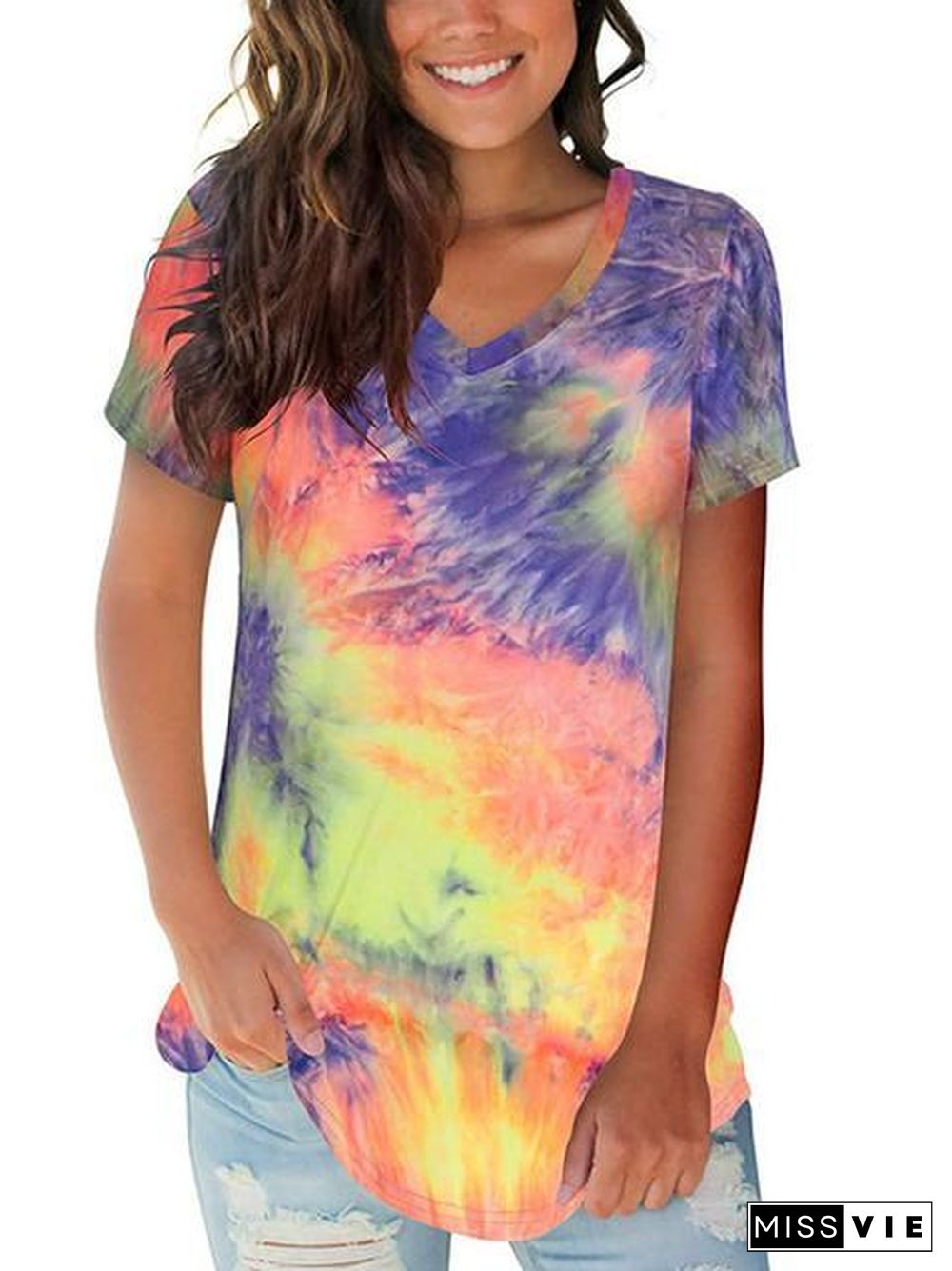 Tie-Dye Print V-Neck Loose T-Shirt