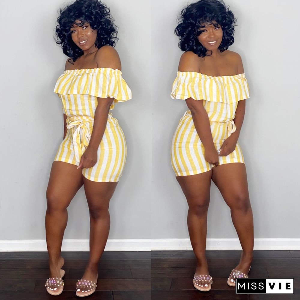 Summer Elegant Women Striped Short Sleeve Ruffles Off Shoulder Mid Waist Bandage Bodycon Romper