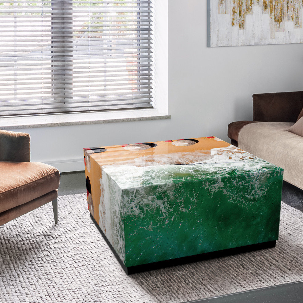 quotBeach Bliss I quotReverse Printed Art Glass Cocktail Table with Black Plinth Base   Beach Style   Coffee Tables   by Empire Art Direct  Houzz