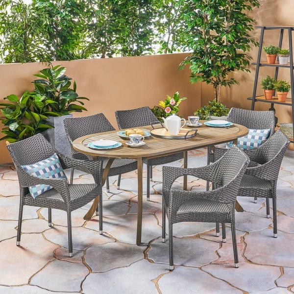 Silas Outdoor 7 Piece Wood and Wicker Dining Set by Christopher Knight Home