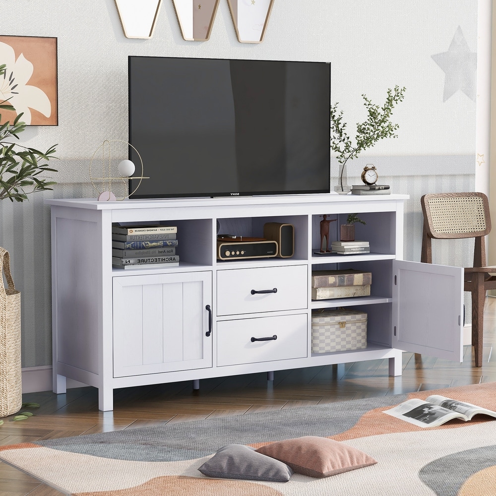 Classic Rustic Style TV Stand with 2 3 Tier Storage Cabinets with MDF Door at Both Sides   2 Drawers  TV Cabinet for Living Room