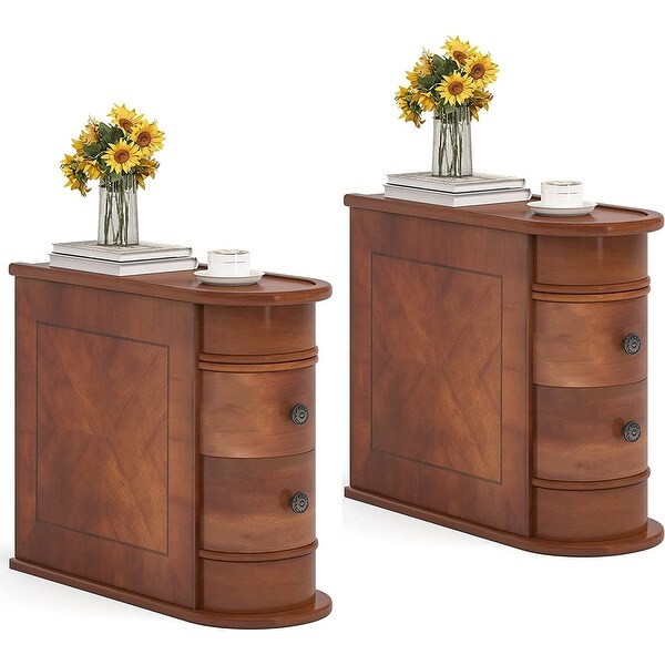 Solid Wood Chairside End Table， Two-Drawer Narrow Side Table Slim