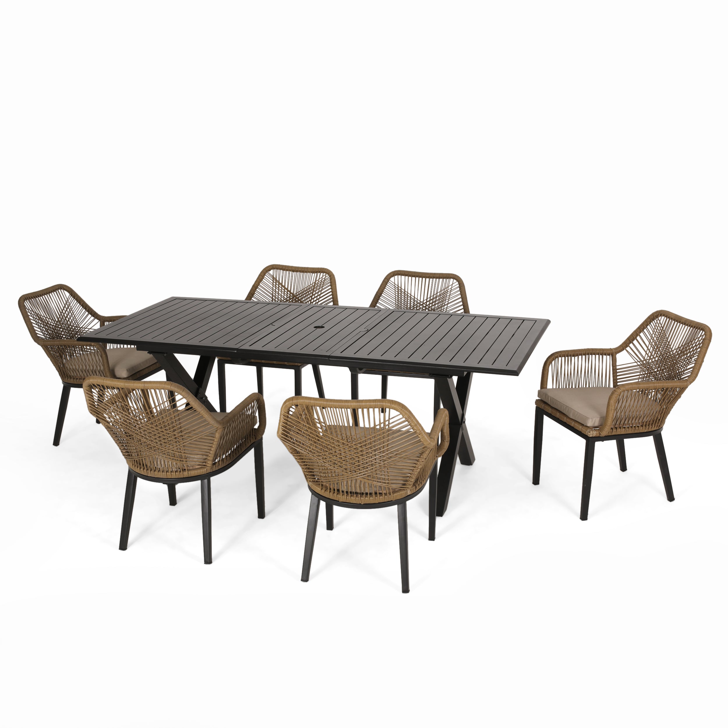 Westara Outdoor Wicker 7 Piece Dining Set with Cushion, Matte Black, Light Brown, and Beige