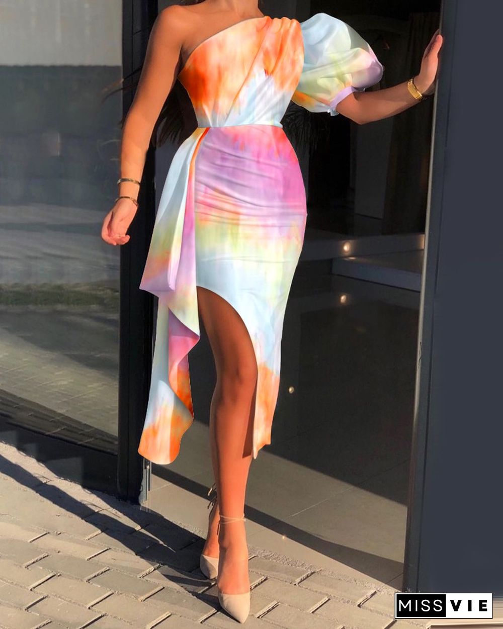 Tie Dye One Shoulder Puff Sleeve Split Thigh Bodycon Dress