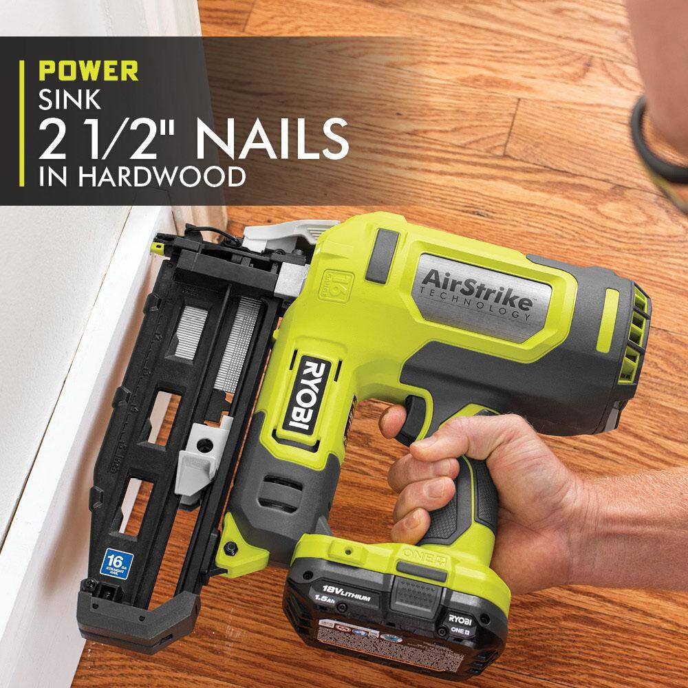 RYOBI ONE+ 18V Cordless 18-Gauge AirStrike Brad Nailer Kit with 16-Gauge AirStrike Finish Nailer 1.5 Ah Battery and Charger PCL1202KN1