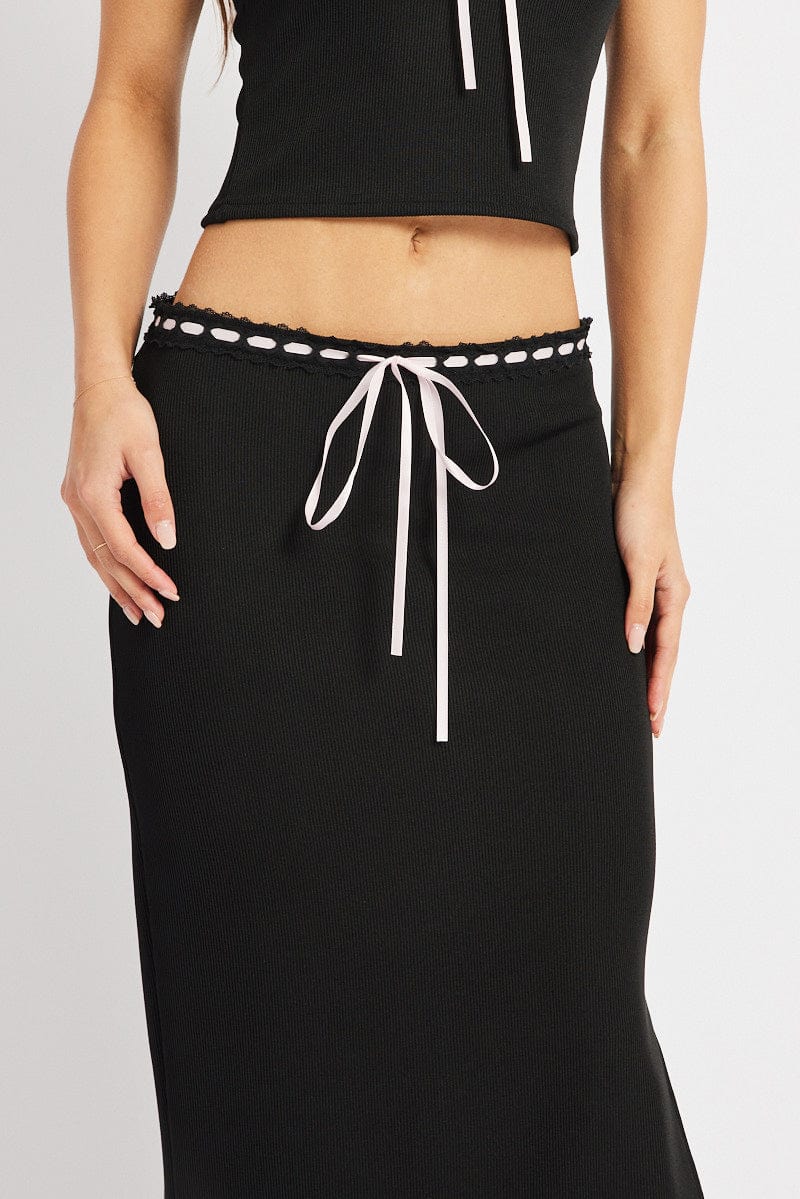 Black Midi Skirt High Rise Lace Detail Rib Jersey