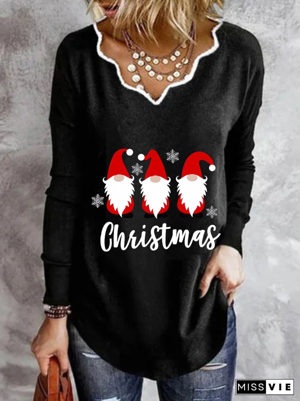 Christmas Xmas Long Sleeve Plus Size Printed Tops T-shirts