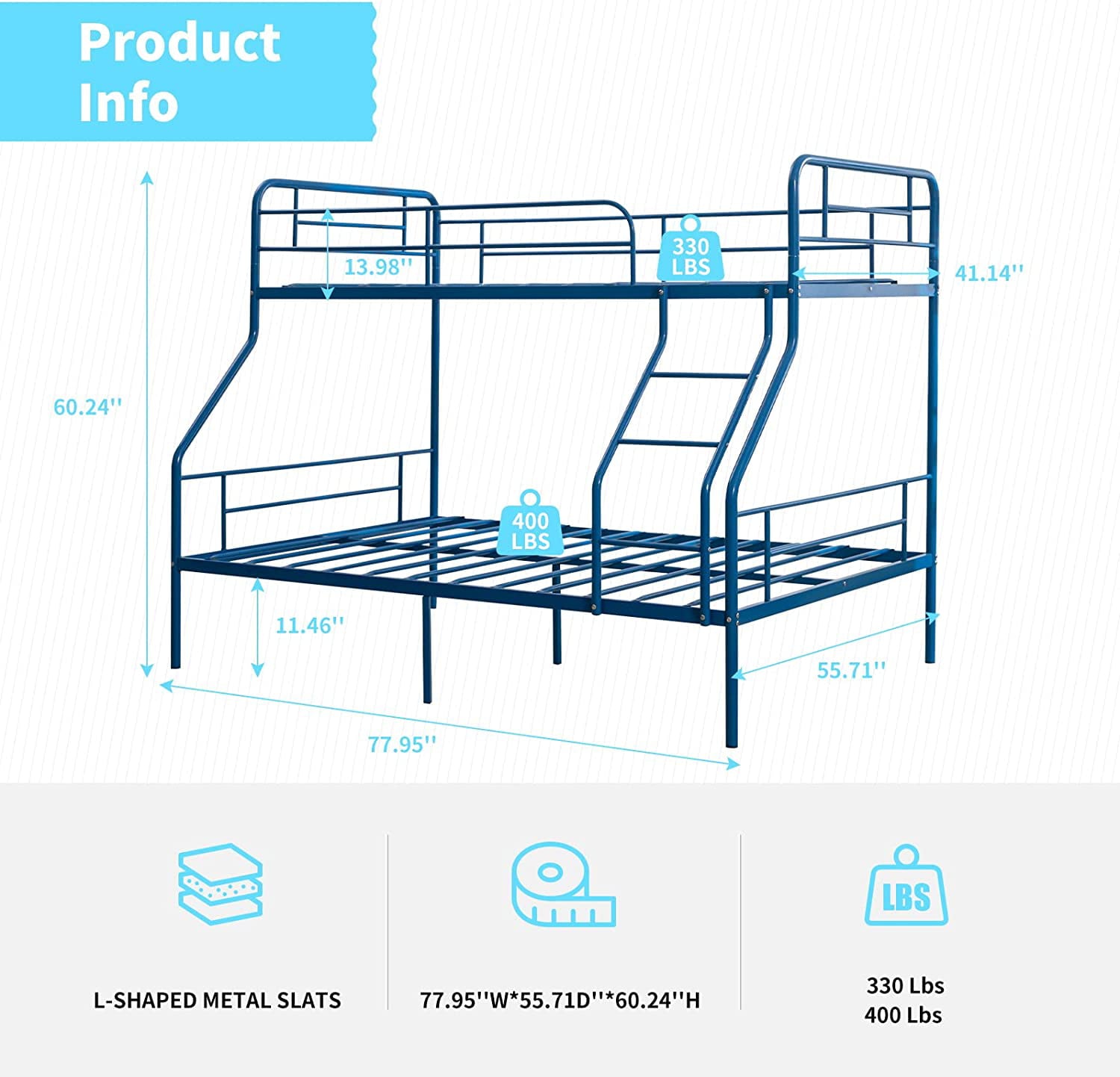 cuoote Heavy Duty Bunk Bed, Metal Twin Bunk Beds for Kids w/Ladder and Guardrail, Space-Saving Design, No Box Spring Needed, Navy Blue