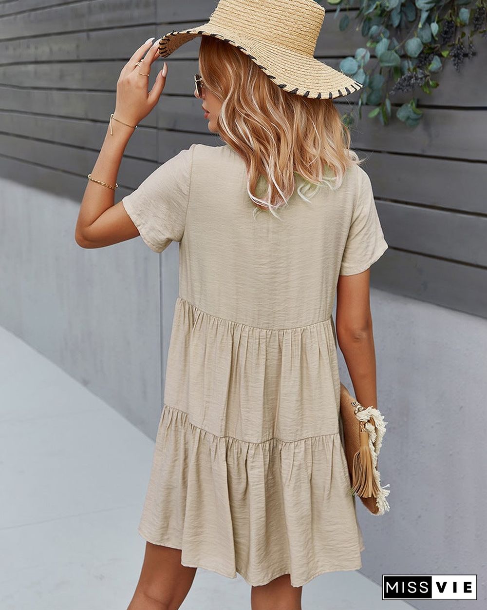 Women's Solid Color Dress Spring and Summer Short Sleeve Cotton Skirt