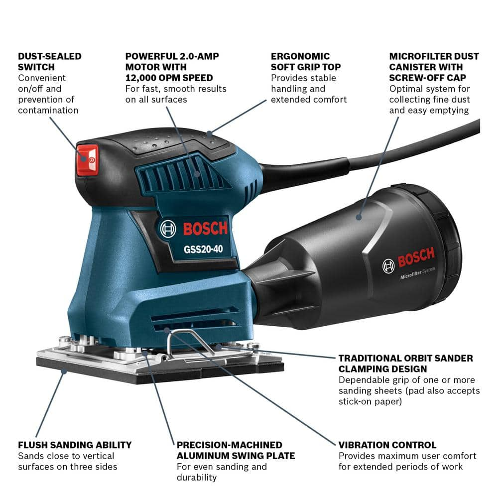 Bosch 2 Amp 1/4 in. Corded Sheet Orbital Finishing Sander GSS20-40