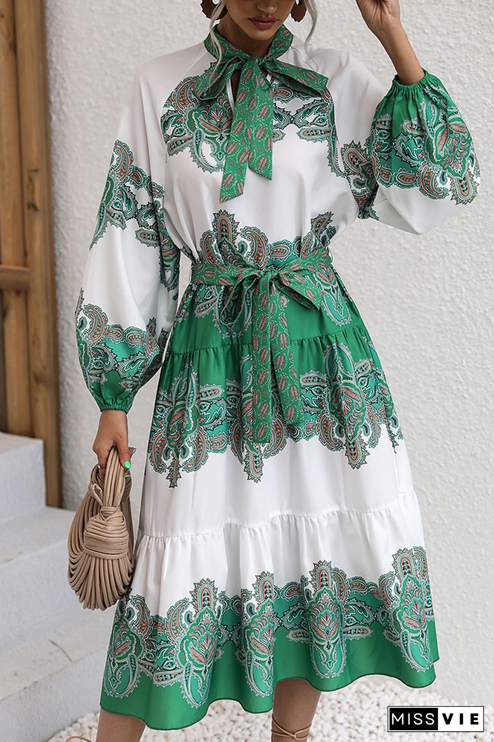 Puffy Sleeves Tiered Printed Long Sleeves Dress