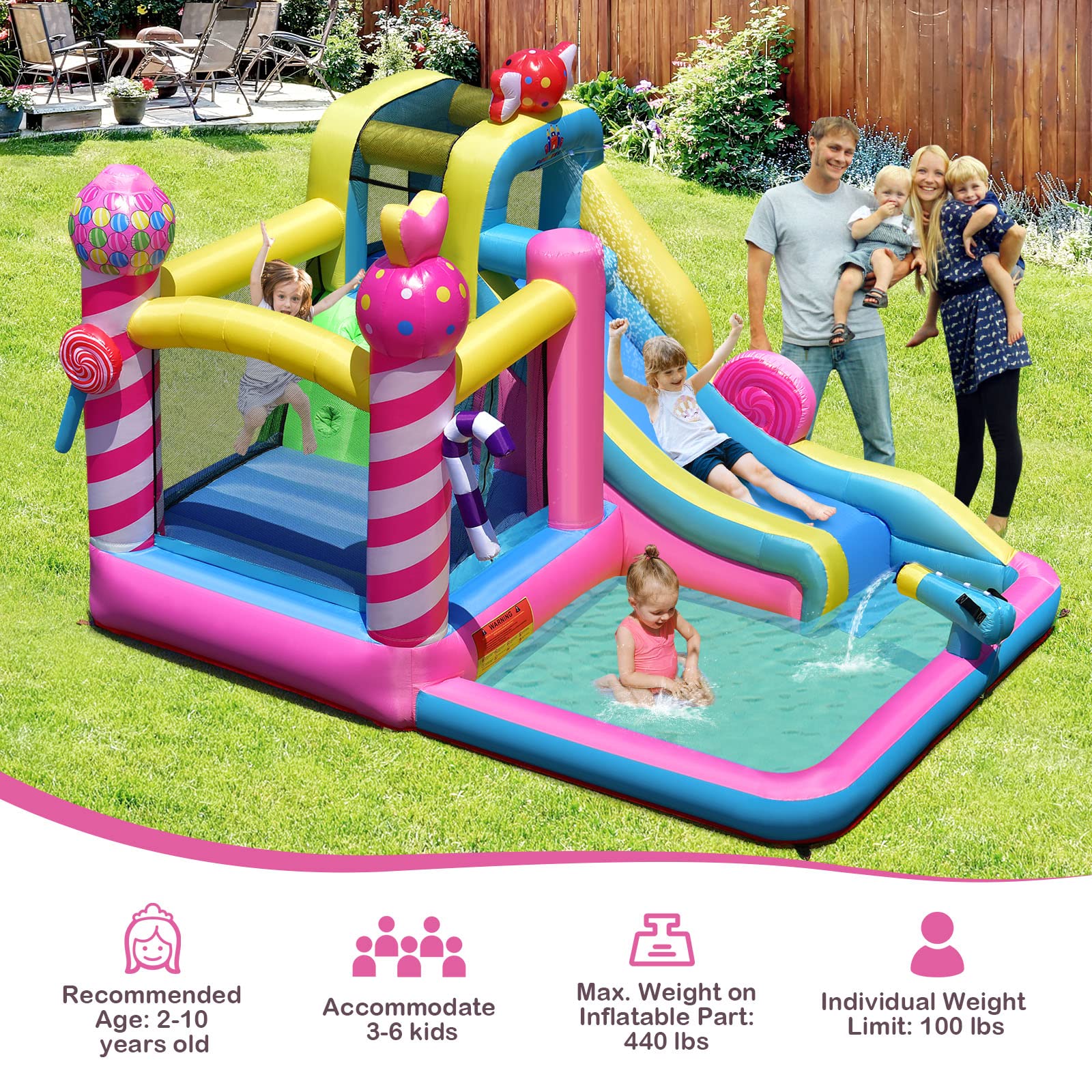 Costzon Inflatable Water Slide, 6-in-1 Sweet Candy Kids Water Bounce House Combo w/480W Blower