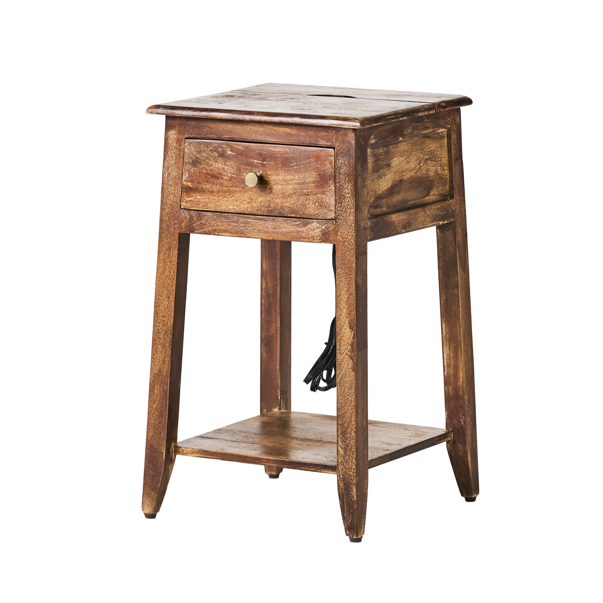 Kamin Rustic Handcrafted Mango Wood Side Table with Charging Port, Gray