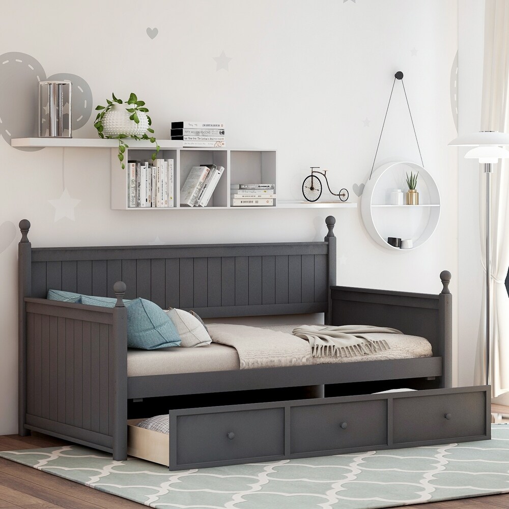 Twin Size Wood Daybed with 3 Drawers  No Box Spring Needed  Grey