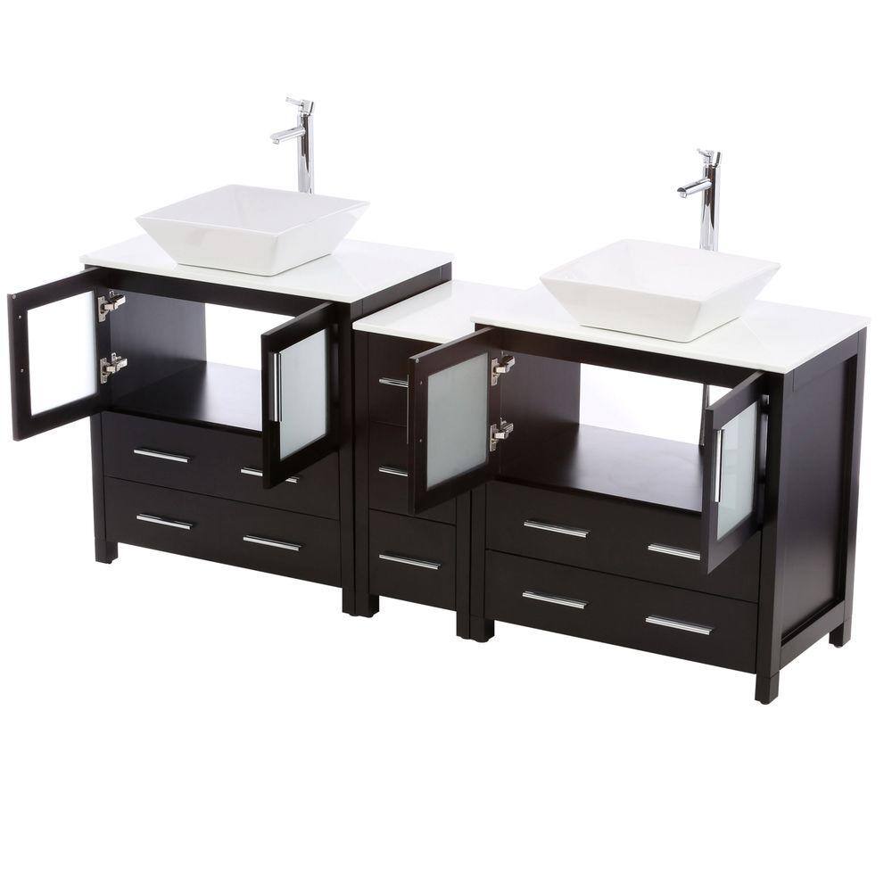 Fresca Torino 72 in. Double Vanity in Espresso with Glass Stone Vanity Top in White with White Basins and Mirrors FVN62-301230ES-VSL