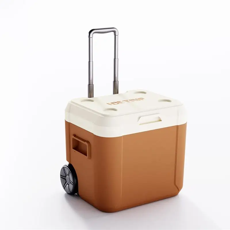 2023 Hot selling outdoor food grade material plastic portable table wheeled 52l cooler box with wheels and handle