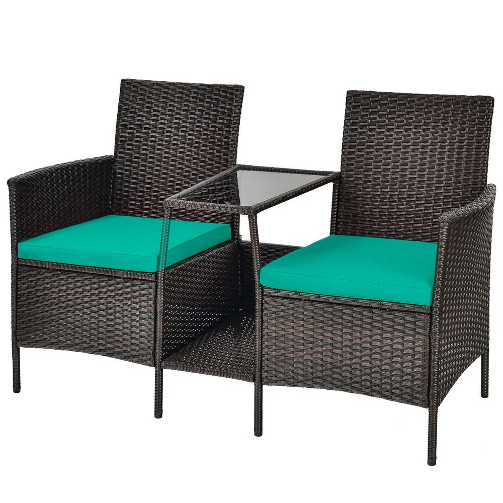 Patio Rattan Wicker Conversation Set Sofa Cushioned Loveseat Glass Table