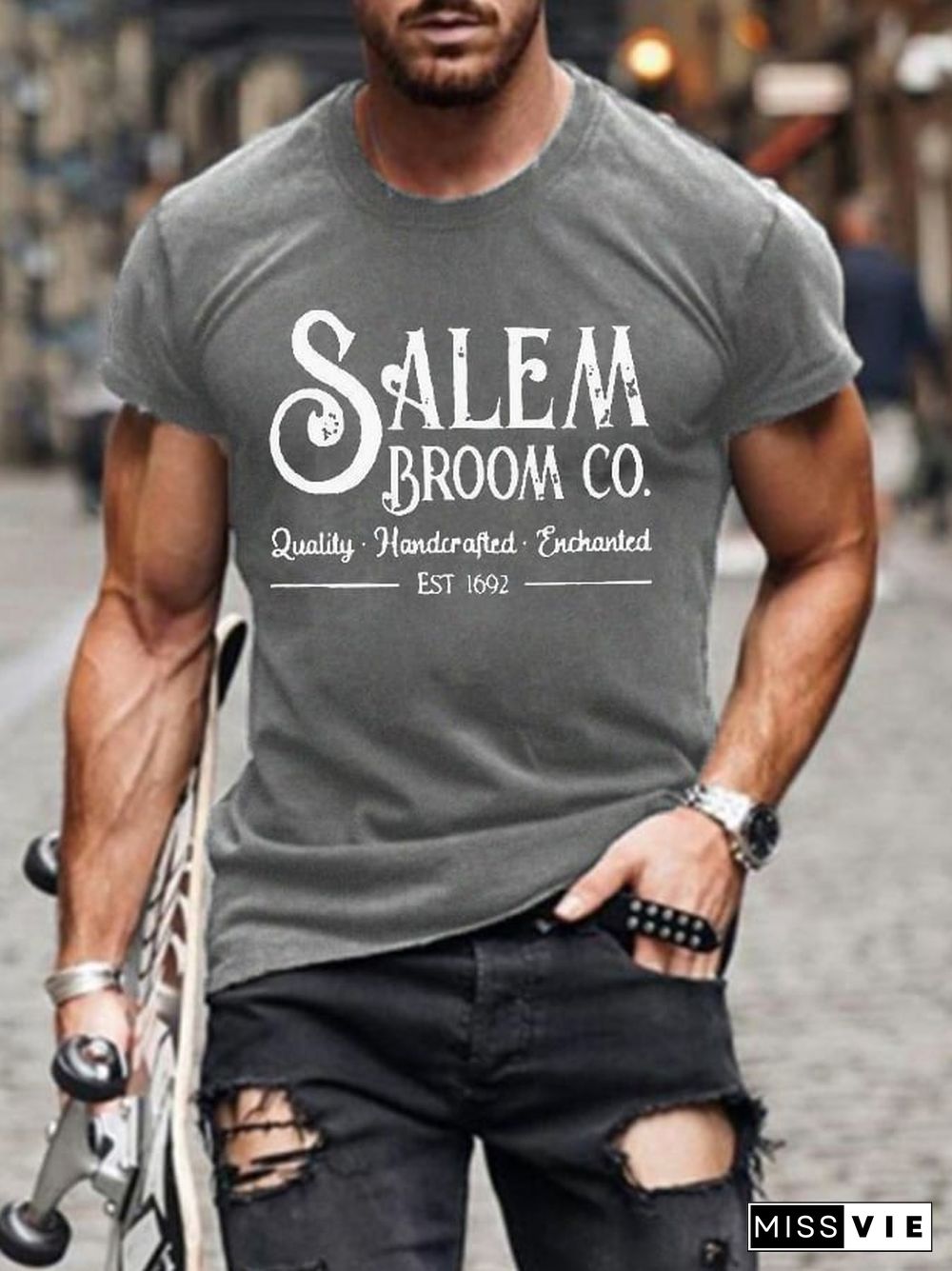 Men's Salem Broom Co Quality Handcrafted Enchanted Est 1692 Print T-Shirt