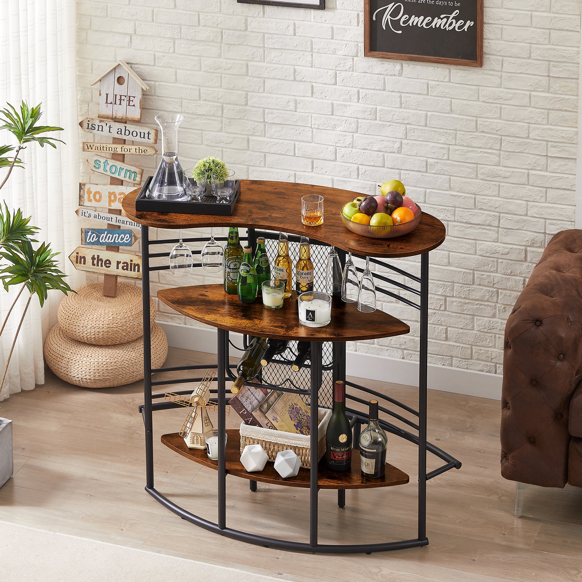 VECELO Oval Bar Table with Wood Counter Top and Wine Rack Storage， Wine Bakers Rack for Kitchen Dining Room， Brown