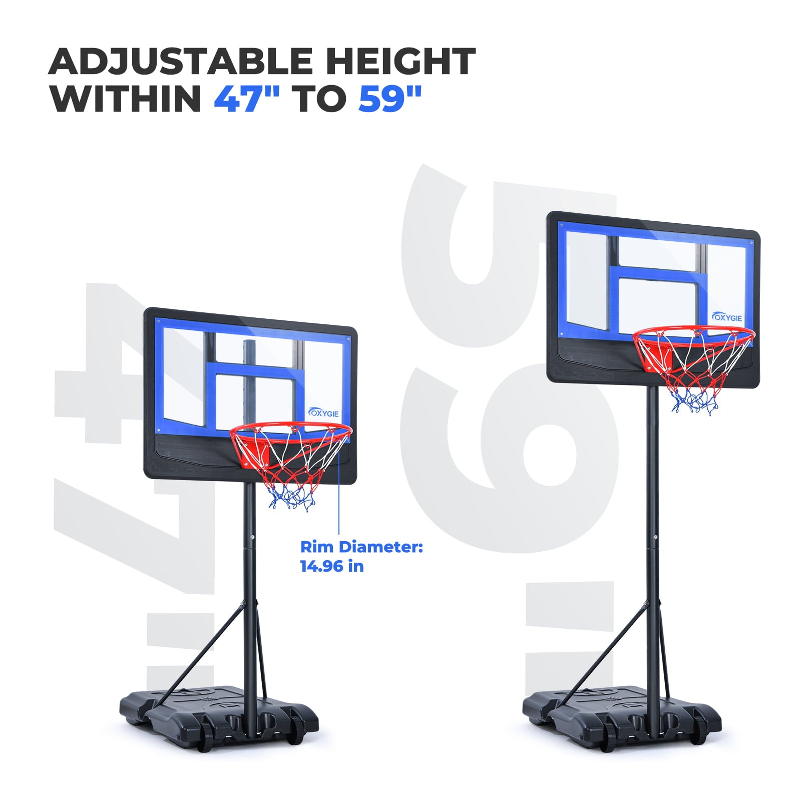 Oxygie Basketball Hoop， Outdoor Basketball Hoop Adjustable Height 47 in to 59 in Indoor/ Outdoor Basketball Hoop with 2 Balls and Pump (Black)