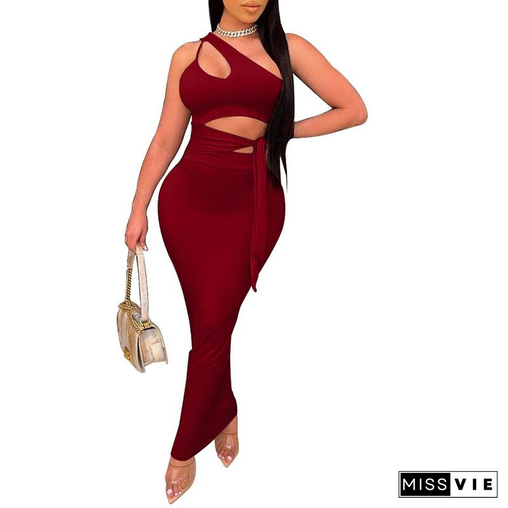 One Shoulder Side Tie Cut Out Midi Bodycon Dress