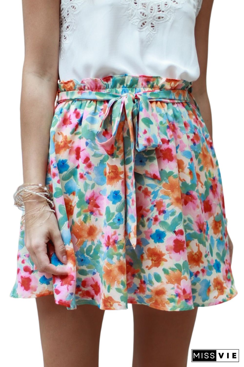 Green Floral Print Waist Tie Mini Skirt