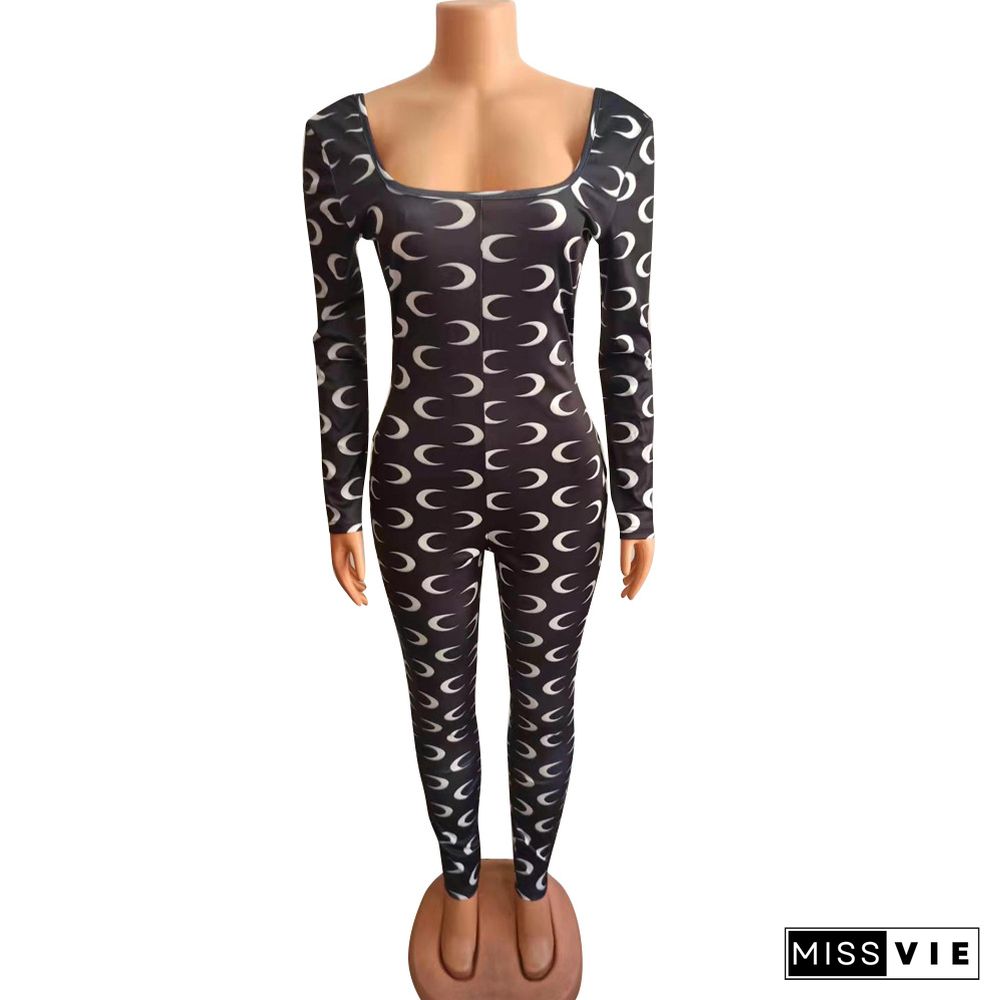 Moon Printed Long Sleeve Bodycon One Piece Jumpsuit