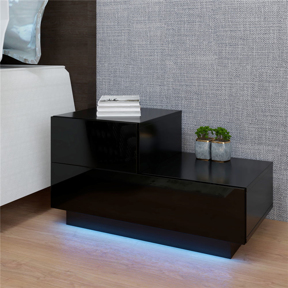 Ktaxon High Gloss Bedside Table Nightstand with 2 Drawers,End Table Side Table Storage Cabinet with RGB LED Lights for Bedroom,Black