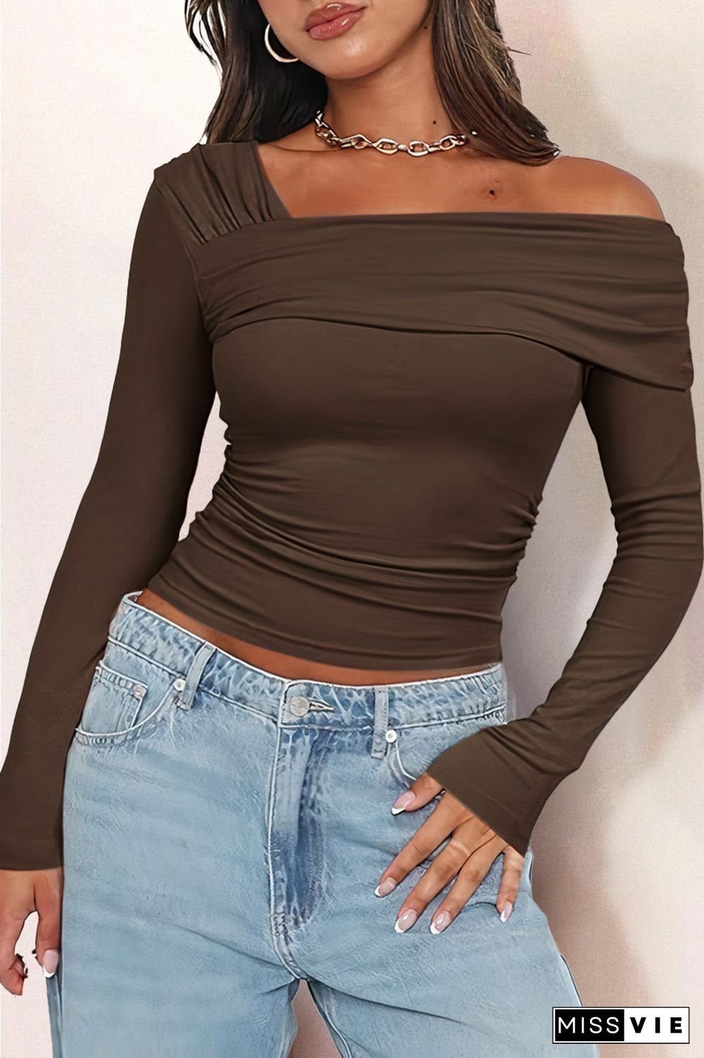 Solid Ruched Asymmetrical Neck T-Shirt