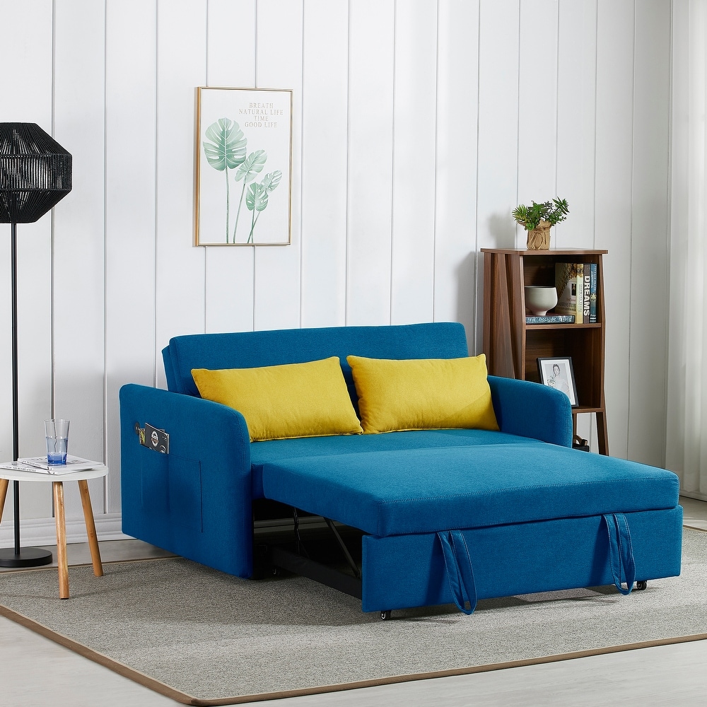 Multifunctional Blue Loveseat Bed w/ Hidden Pull out Sofa Bed  USB Ports  Folding Sleeper Sofa with Side Pocket for Livingroom