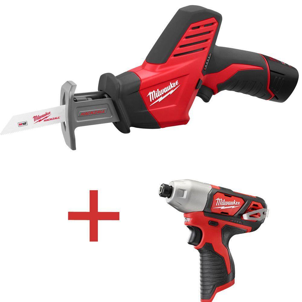 MW M12 12V Lithium-Ion Cordless Hackzall Reciprocating Saw Kit with M12 14 in. Hex Impact Driver 2420-21-2462-20