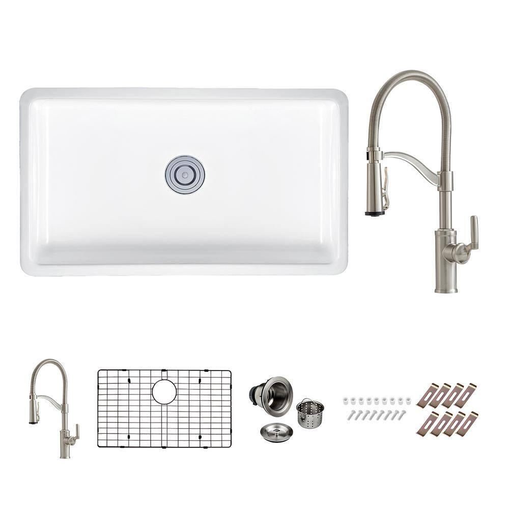 PELHAM  WHITE Kingsbridge Fireclay 32 .5 in. Single Bowl Undermount Kitchen Sink with Farmhouse Faucet Bottom Grid Drain PWS531-C