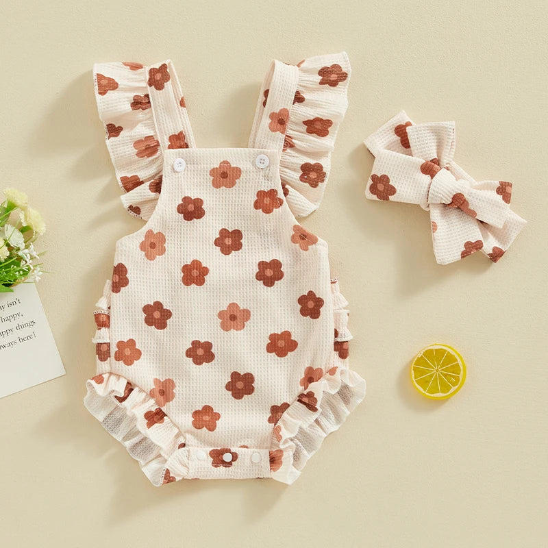 Baby Girls Romper and Headband Strawberry/Flower/Cherry Print Fly Sleeve Frills Newborn Infant Jumpsuit Summer Clothing