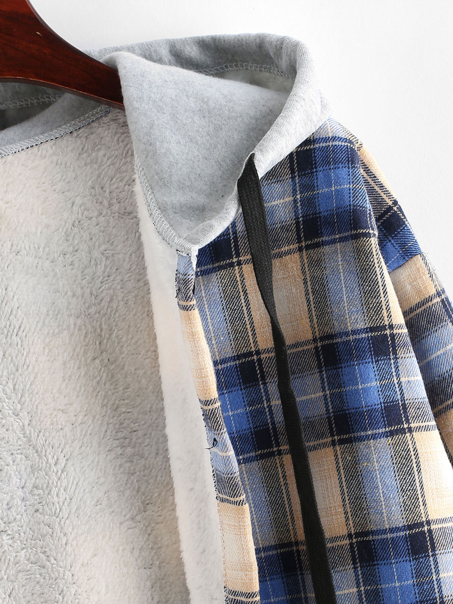 Casual Loose Check Panel Lambsool Hooded Blouse