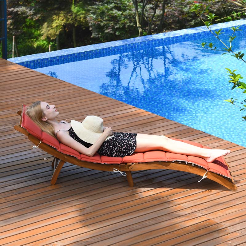 Wood Folding Patio Chaise Lounge Chair, Double-Sided Cushioned Outdoor Sun Lounger for Pool Beach Lawn