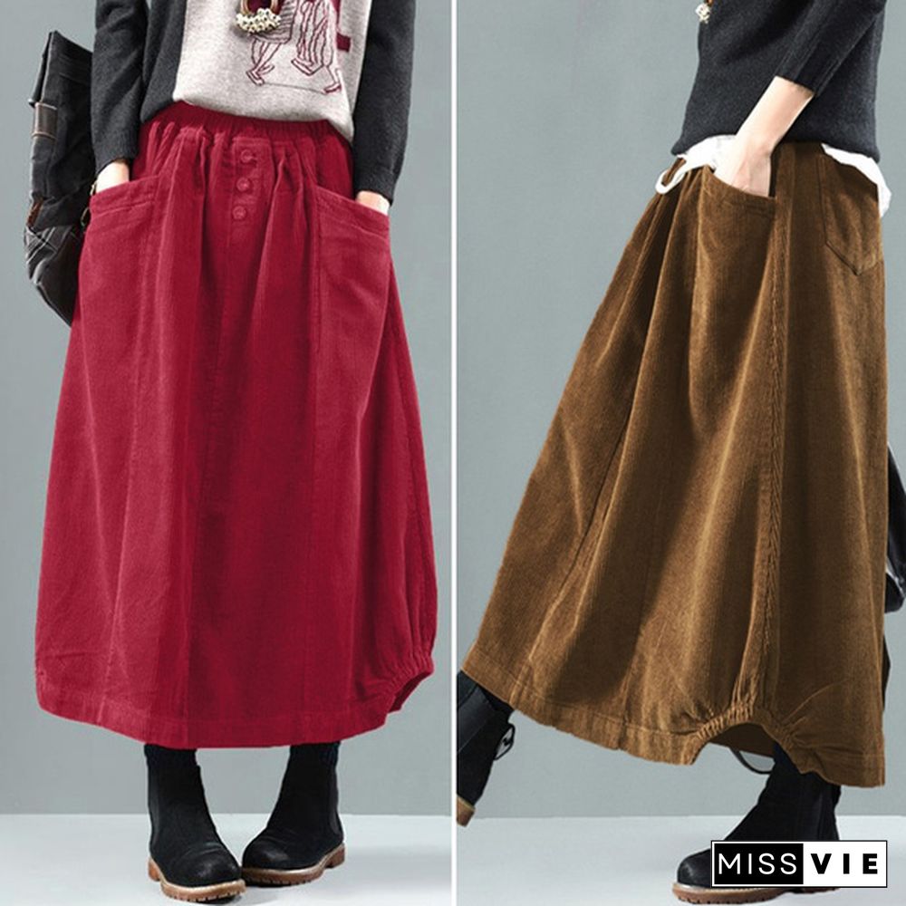 Women High Waist Oversized Loose Dress Button Down Corduroy Long Maxi Skirt Plus Size