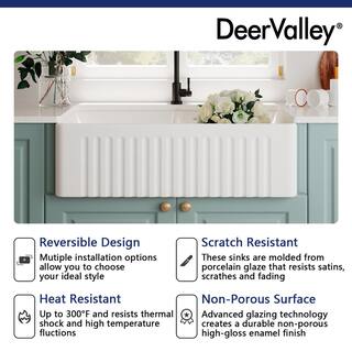 DEERVALLEY Eclipse White Ceramic 33 in. L 5050 Rectangular Double Basin Farmhouse Apron Kitchen Sink with Grid and Strainer DV-1K028