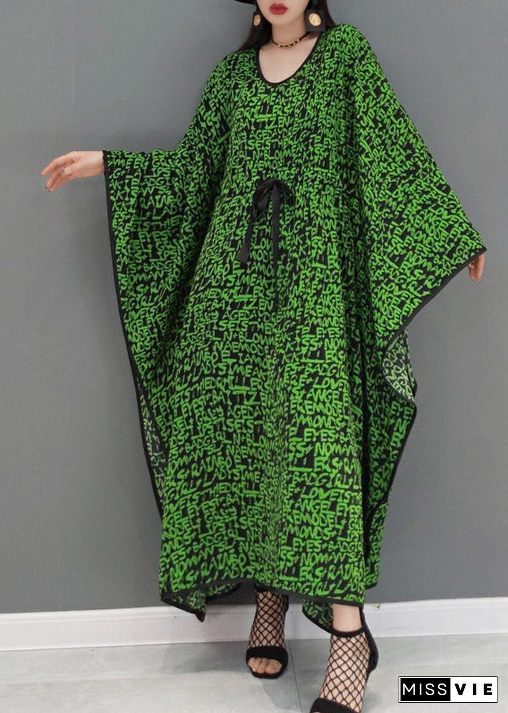 Plus Size Green O-Neck Print Batwing Dresses Long Sleeve