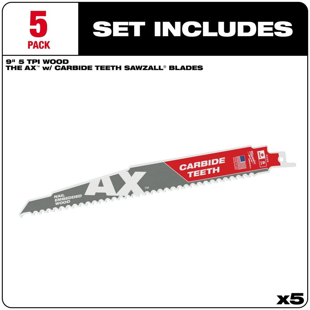 Milwaukee 9 in. 5 TPI The Ax Carbide Teeth SAWZALL Blades 5PK 48-00-5526 from Milwaukee