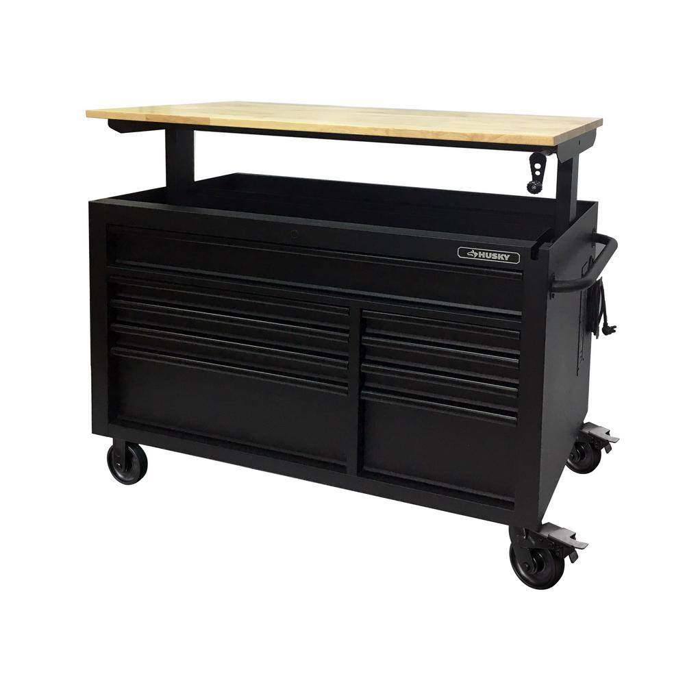 Husky 52 in. W x 25 in. D Heavy Duty 9-Drawer Mobile Workbench Cabinet with Adjustable-Height Hardwood Top in Matte Black HOLC5209BB1M